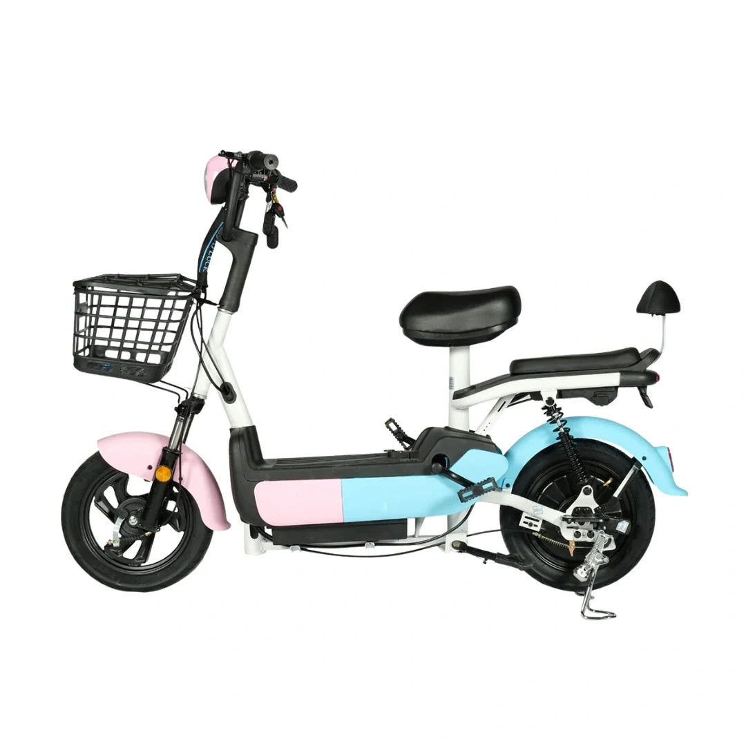 Electric Moped Style Bike with 500W Motor, Dual Seat, and Pedal Assist