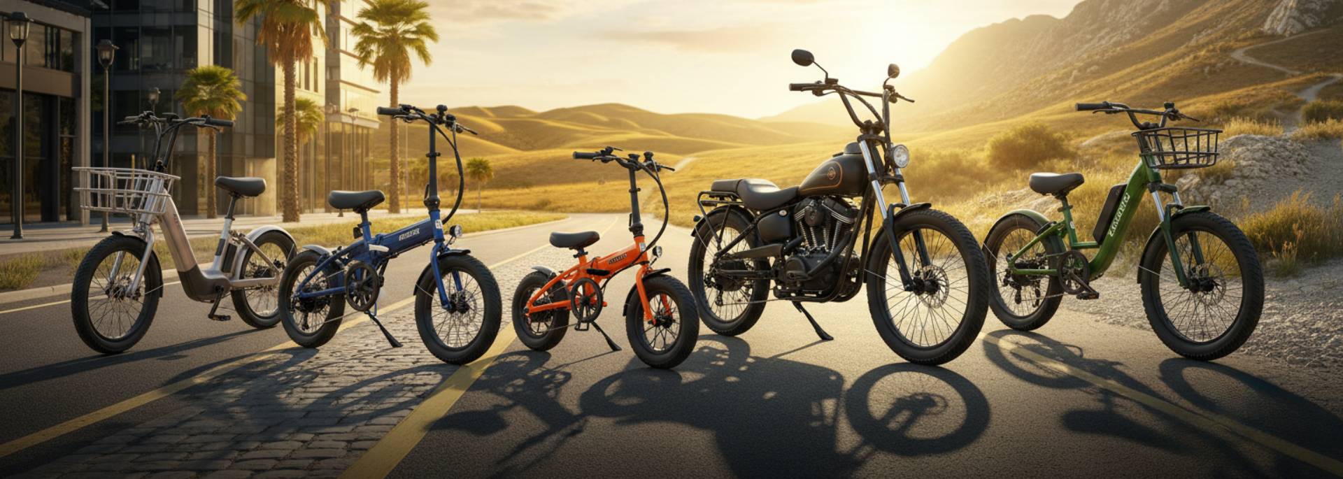 Five different electric bikes on a road with a scenic background