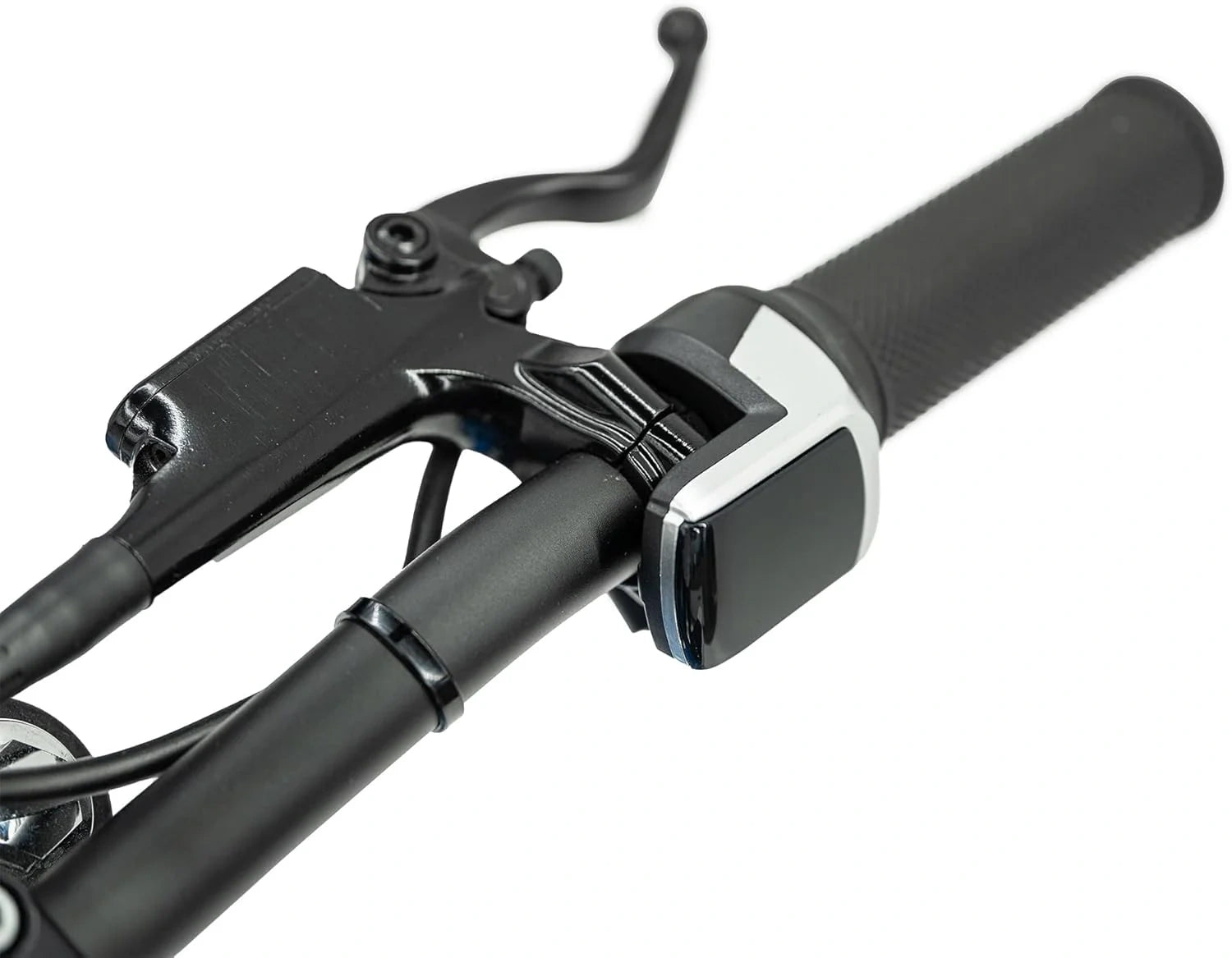 Close-up of motorcycle handlebar with throttle grip and brake lever on a white background