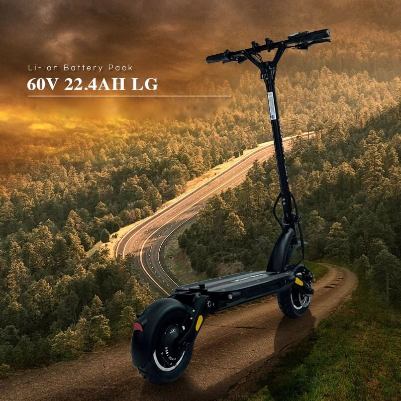 Electric scooter on a wooden platform with a scenic road and forest in the background, featuring Li-ion battery pack details.