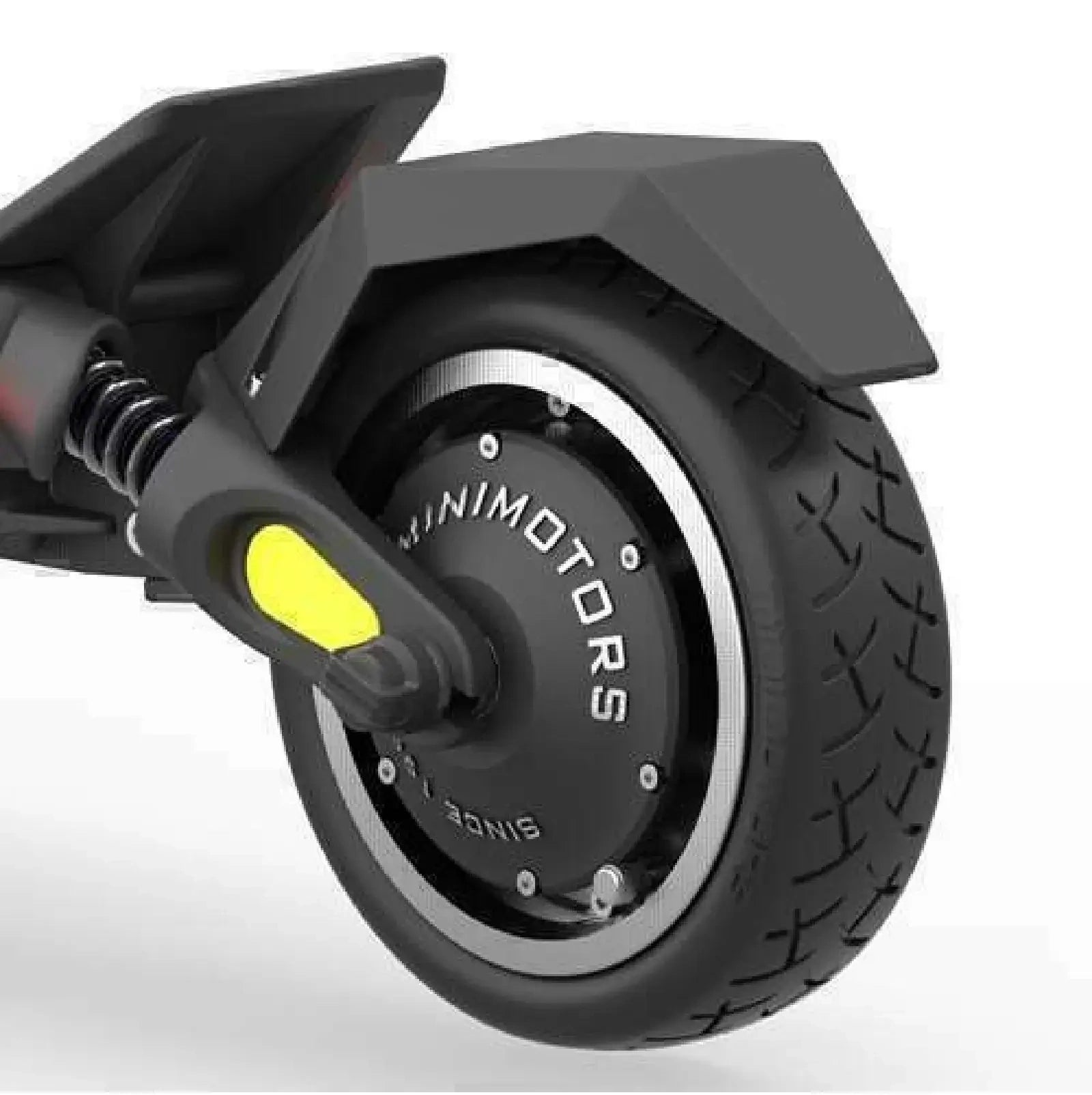 Close-up of a wheel with 'MINIMOTORS' branding on a white background