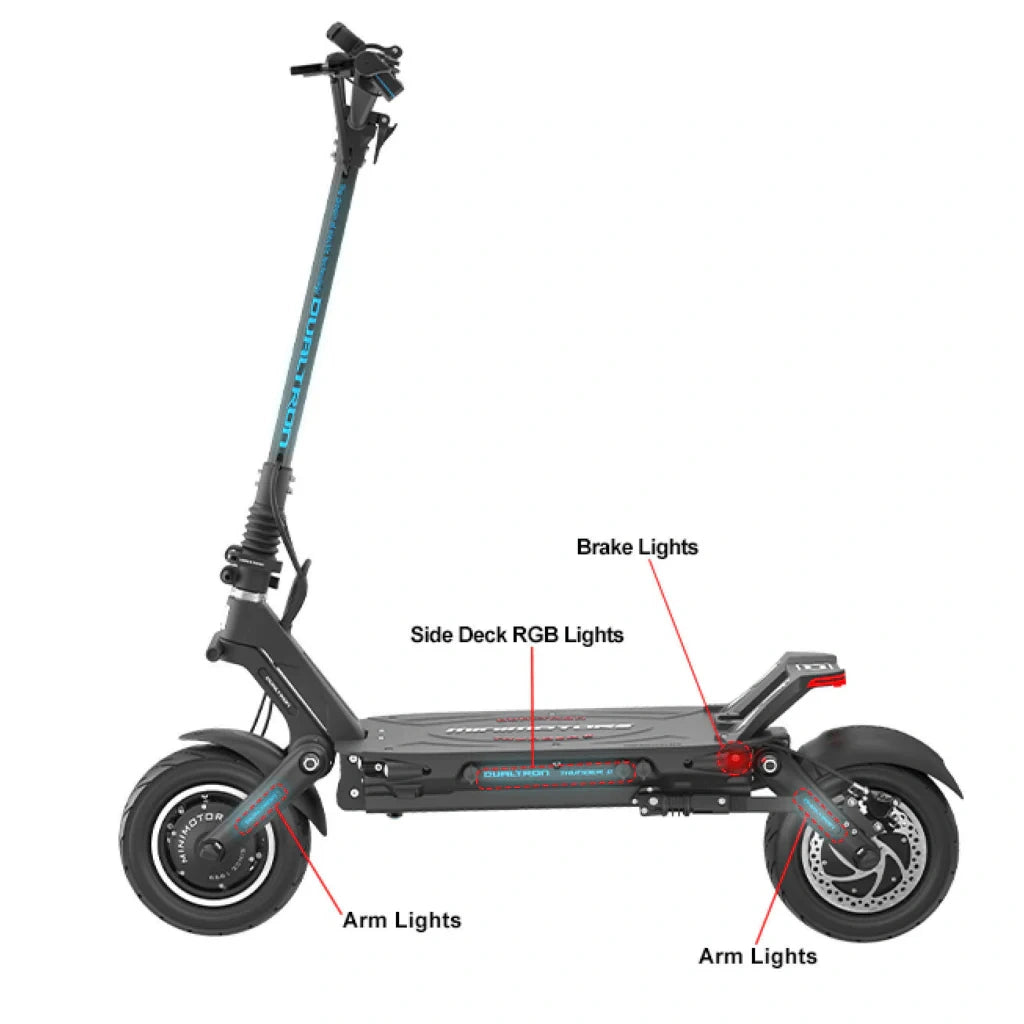 Electric scooter with labeled features on a white background