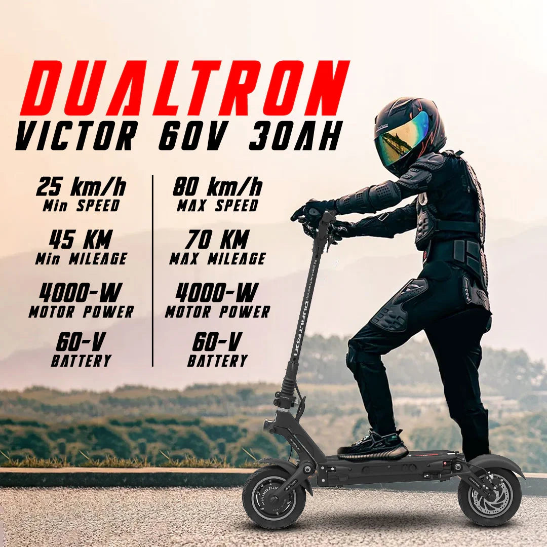 Person riding a Dualtron Victor scooter with specifications displayed on a scenic background