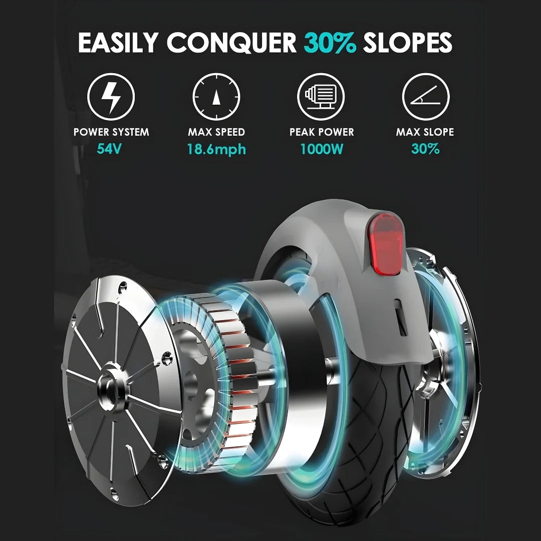 Motorized scooter with technical specifications on a black background