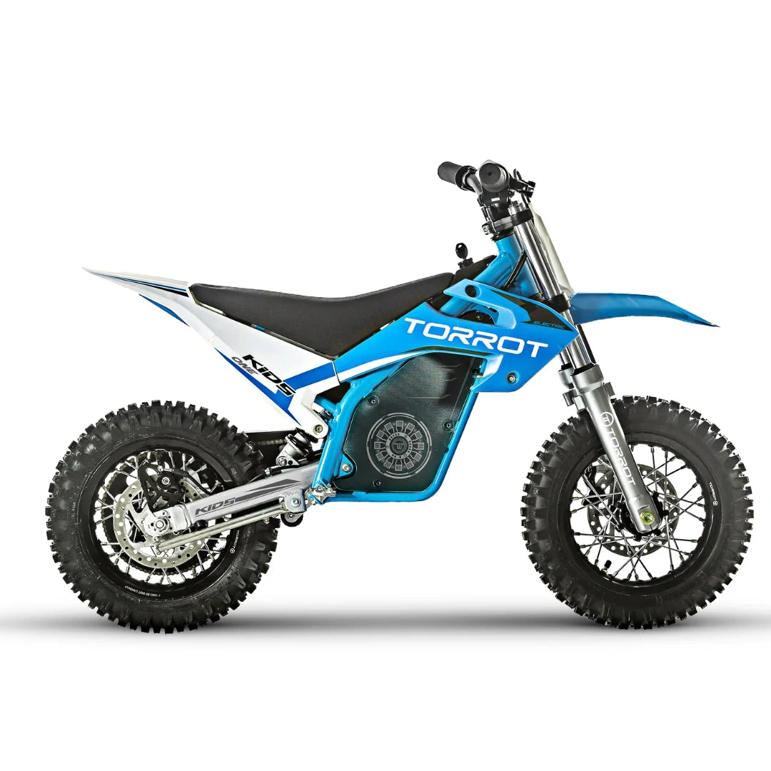 Blue and black dirt bike with 'TORROT' branding on a white background