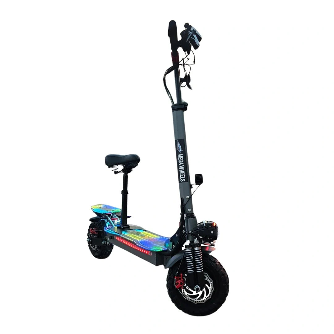 Black electric scooter with colorful deck on a white background