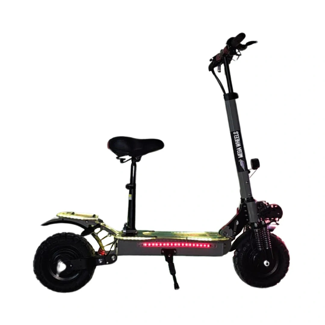 Black electric scooter with a seat on a white background
