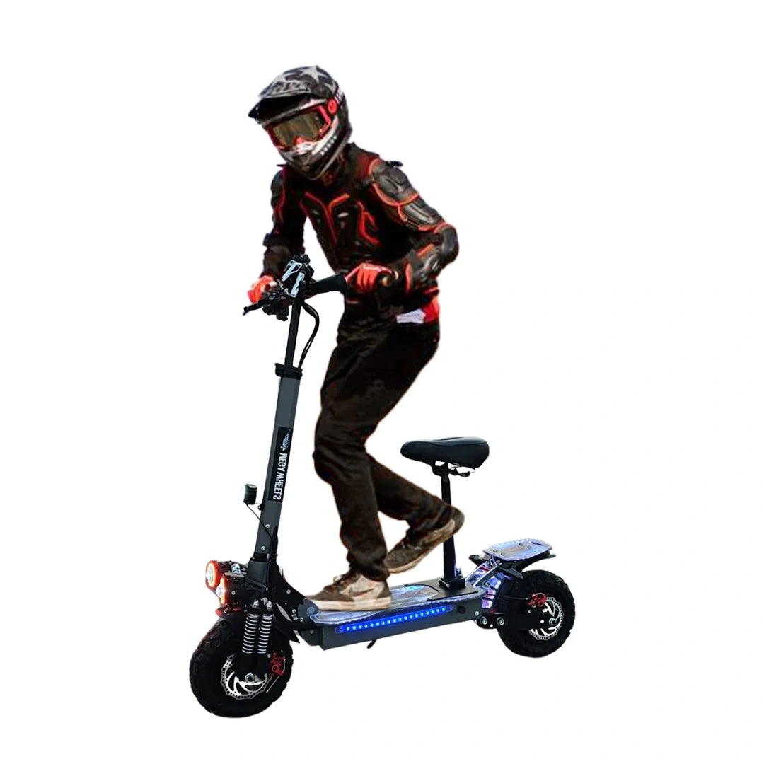 Person riding a black electric scooter on a white background