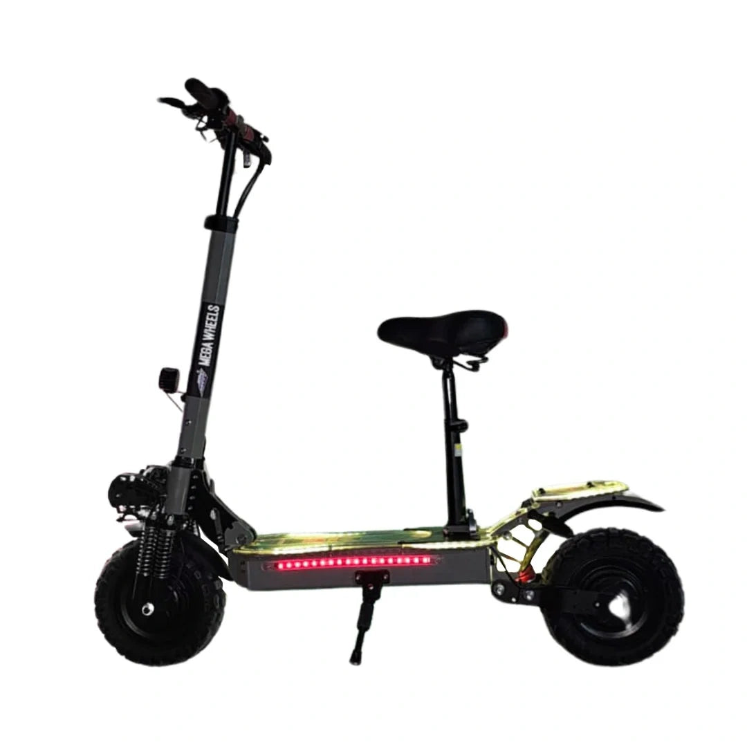 Black electric scooter with a seat on a white background