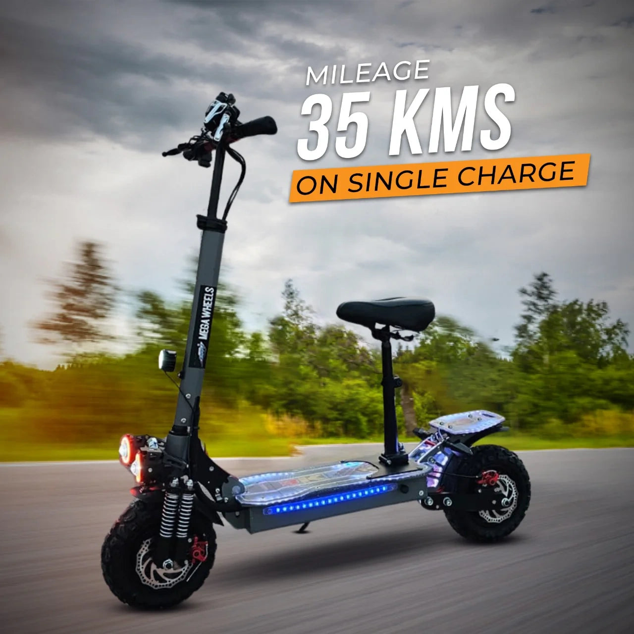 Electric scooter with a scenic background and text about mileage on a single charge.