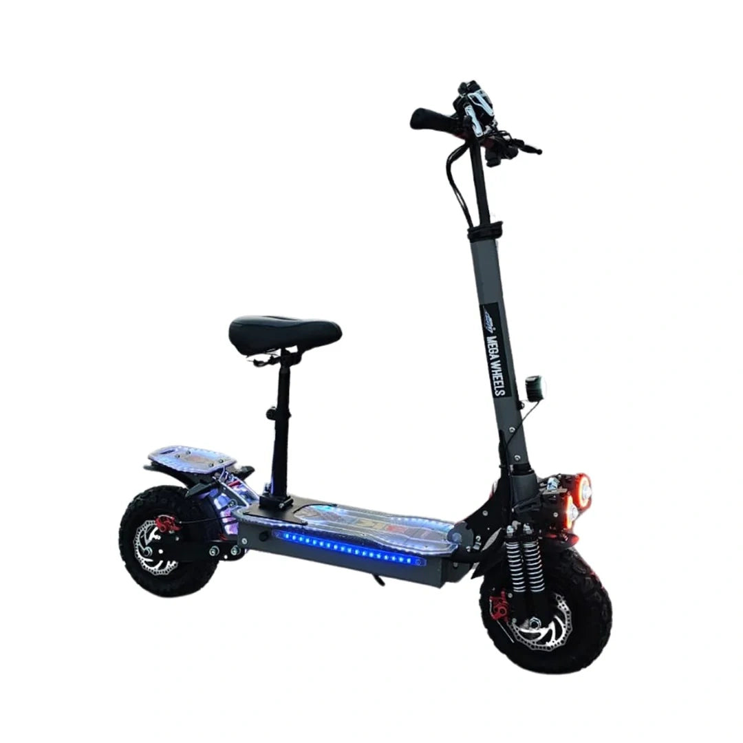 Black electric scooter with a seat on a white background