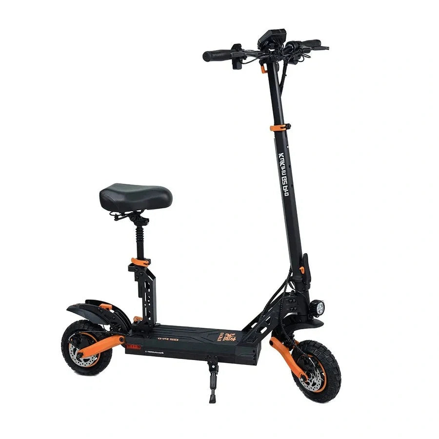 Black and orange electric scooter with a seat on a white background