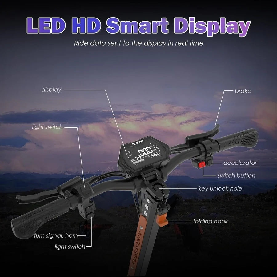 E-bike handlebar with LED HD smart display against a mountainous landscape background