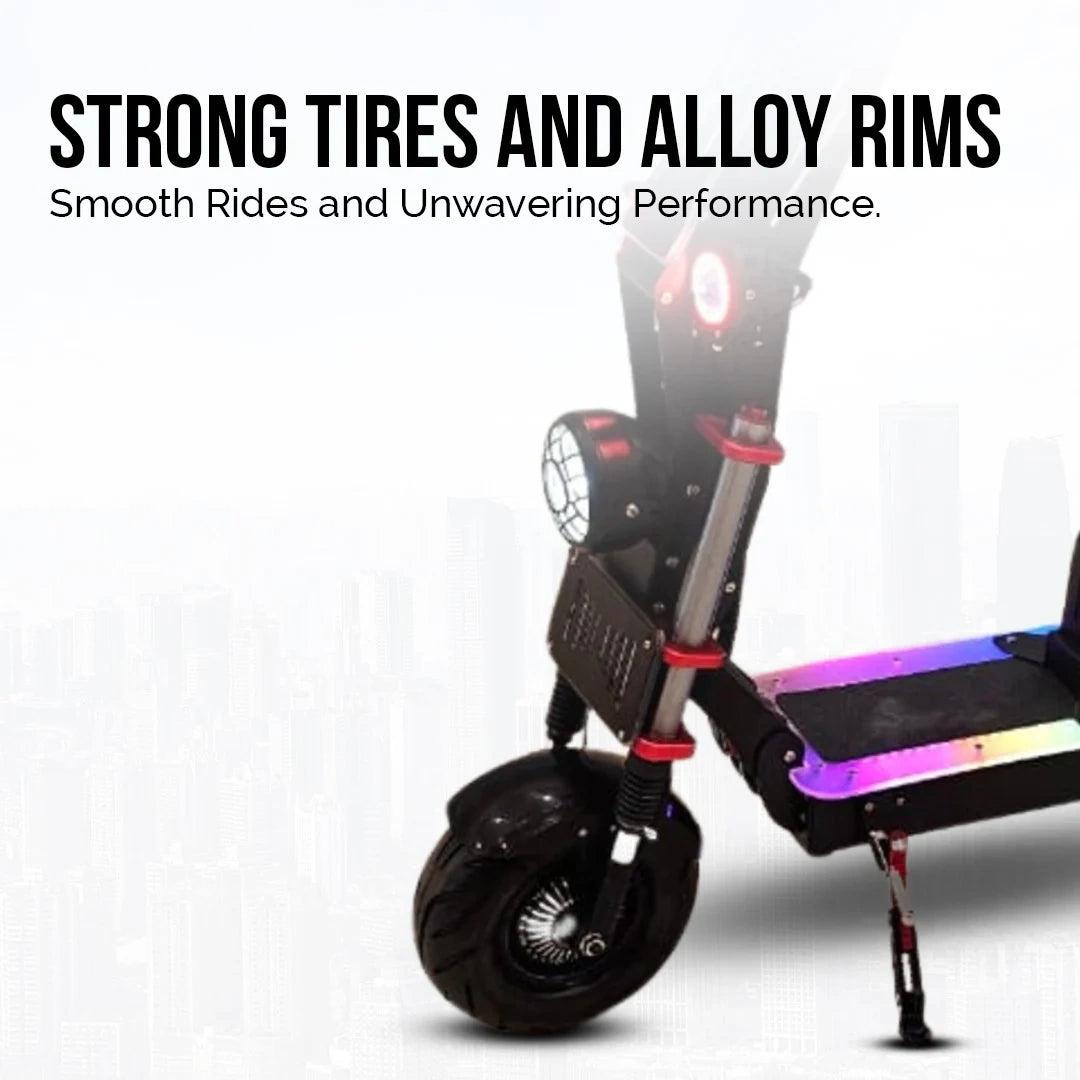 Electric scooter with strong tires and alloy rims on a white background