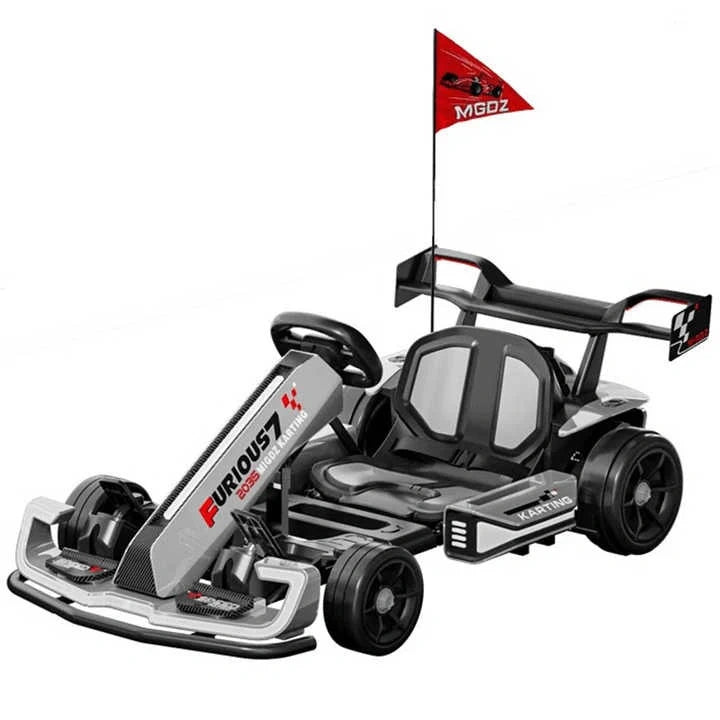 Model of a go-kart with a red flag on a white background