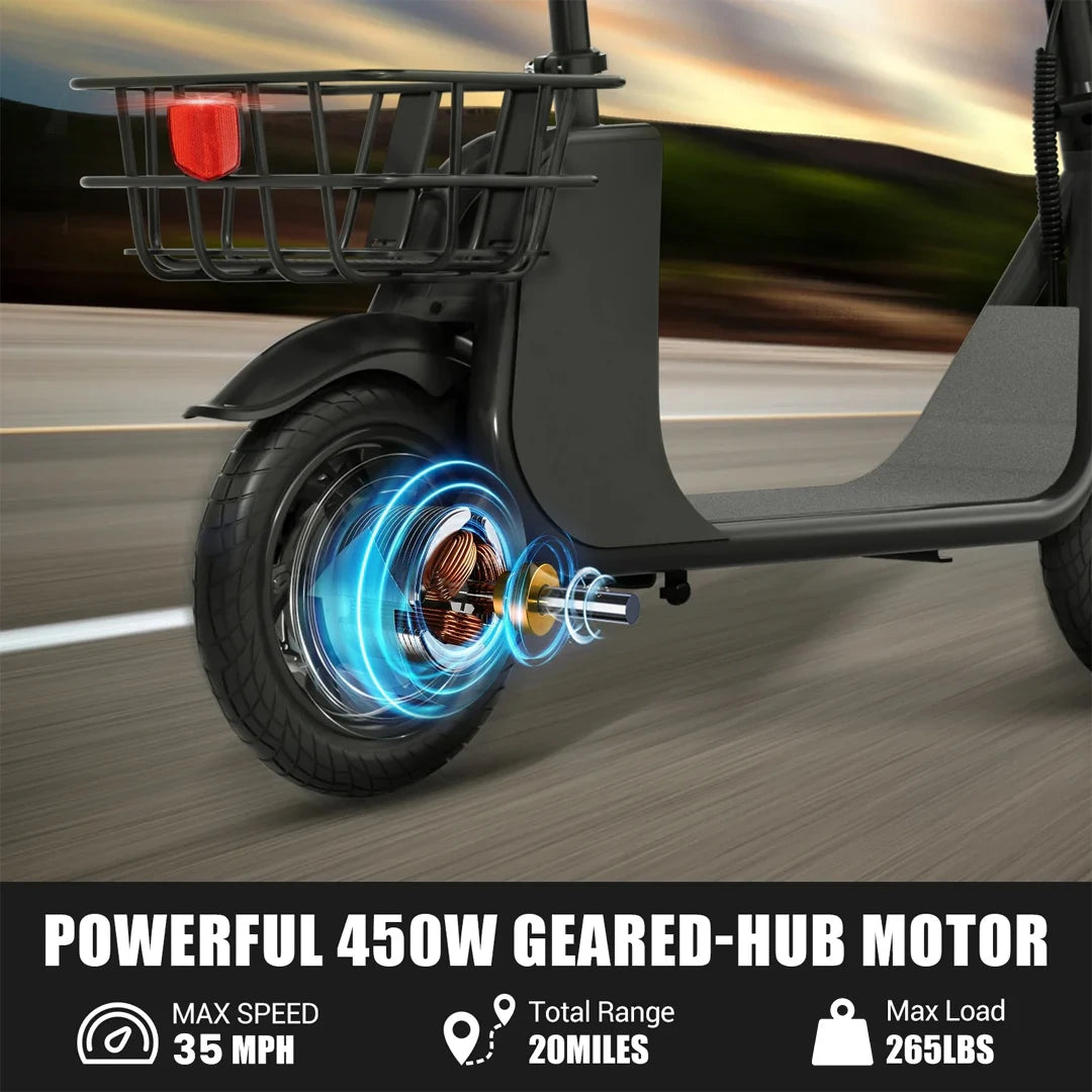 Close-up of a scooter wheel with a geared-hub motor, showing technical details and specifications.