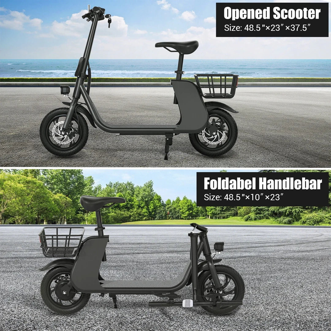 Foldable scooter with open and folded handlebar on a road and green landscape background.