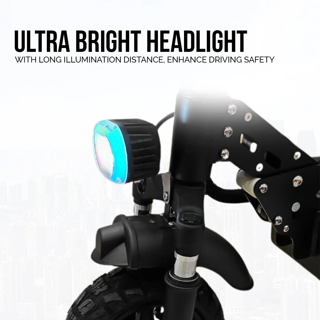 Ultra bright headlight on a scooter with text about long illumination distance and driving safety.