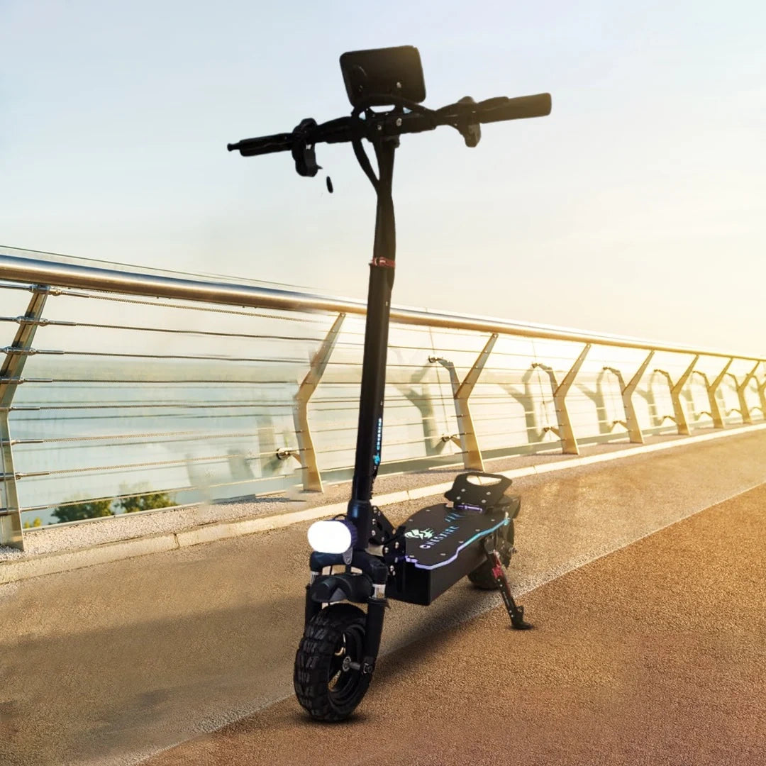 Electric scooter on a bridge with a scenic background