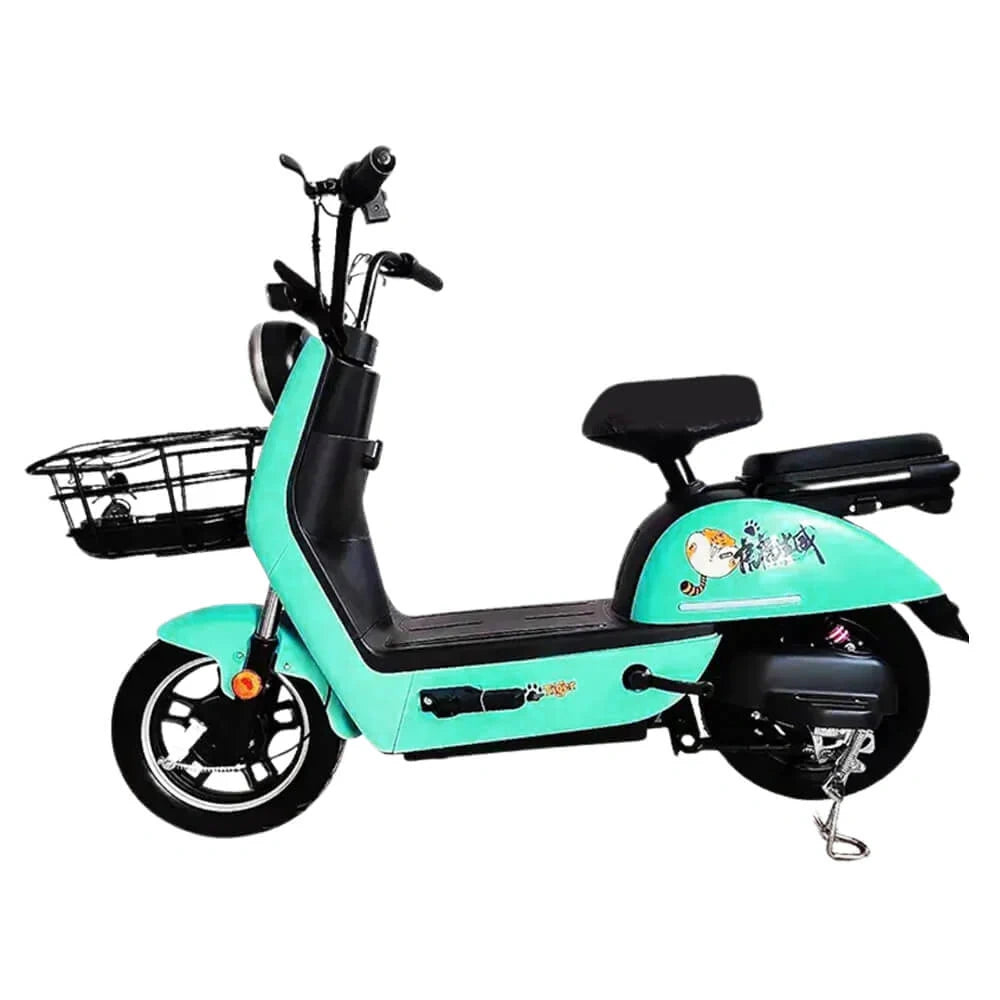Turquoise electric scooter with black seat and basket on a white background