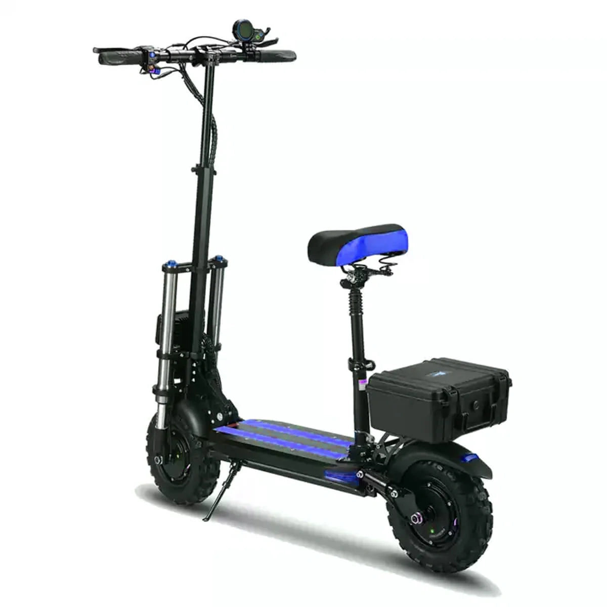 Black electric scooter with a blue seat on a white background