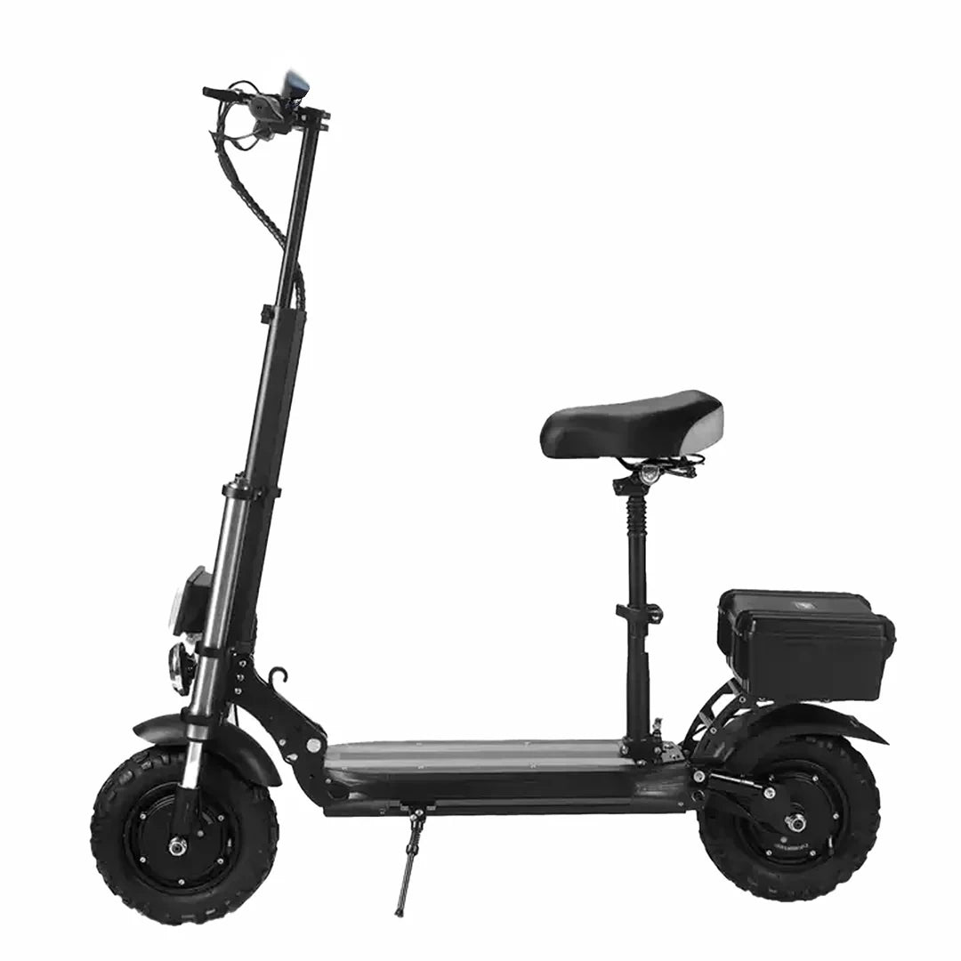 Black electric scooter with a seat on a white background
