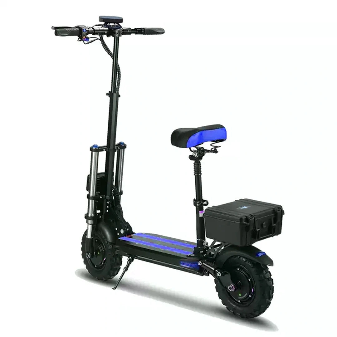 Black electric scooter with blue accents on a white background