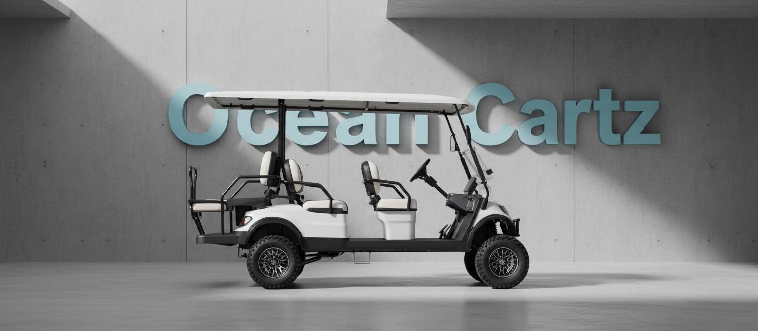Golf cart with 'Ocean Cartz' branding on a gray background