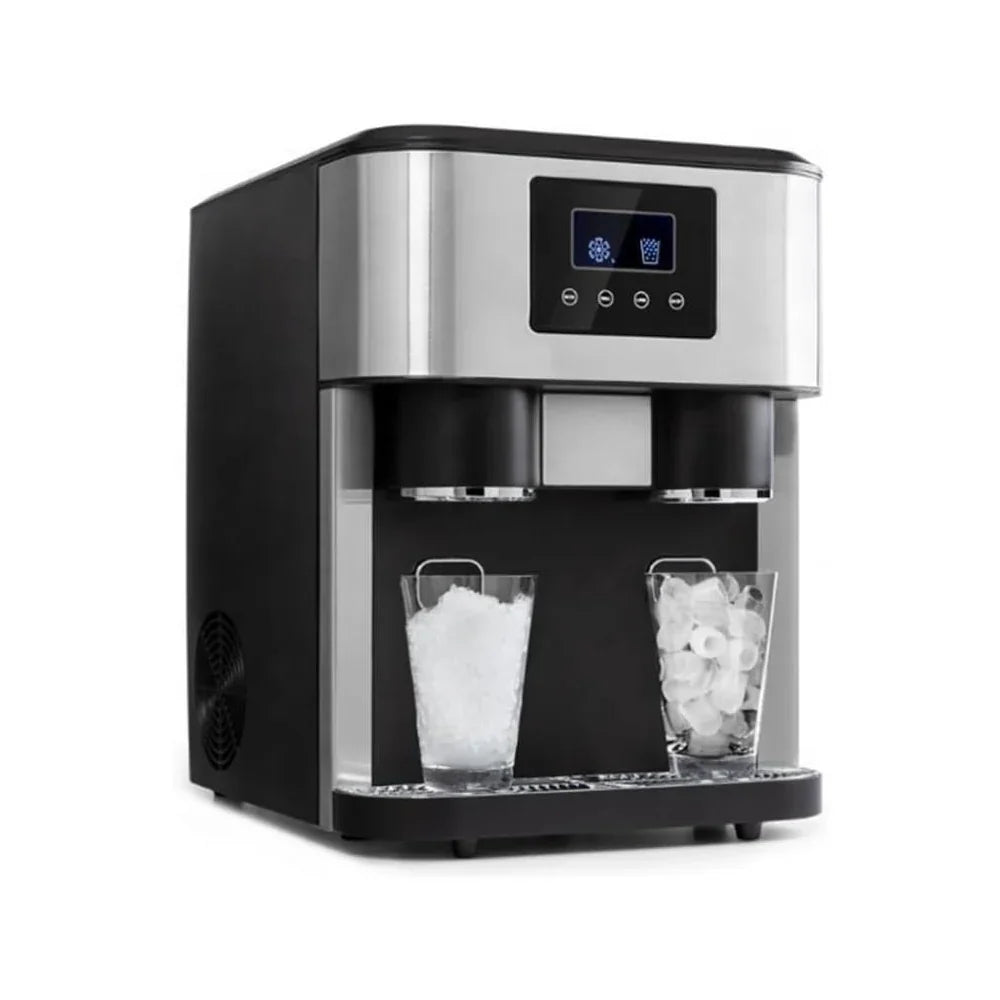 Ice cream machine with two glass containers filled with ice cream on a white background