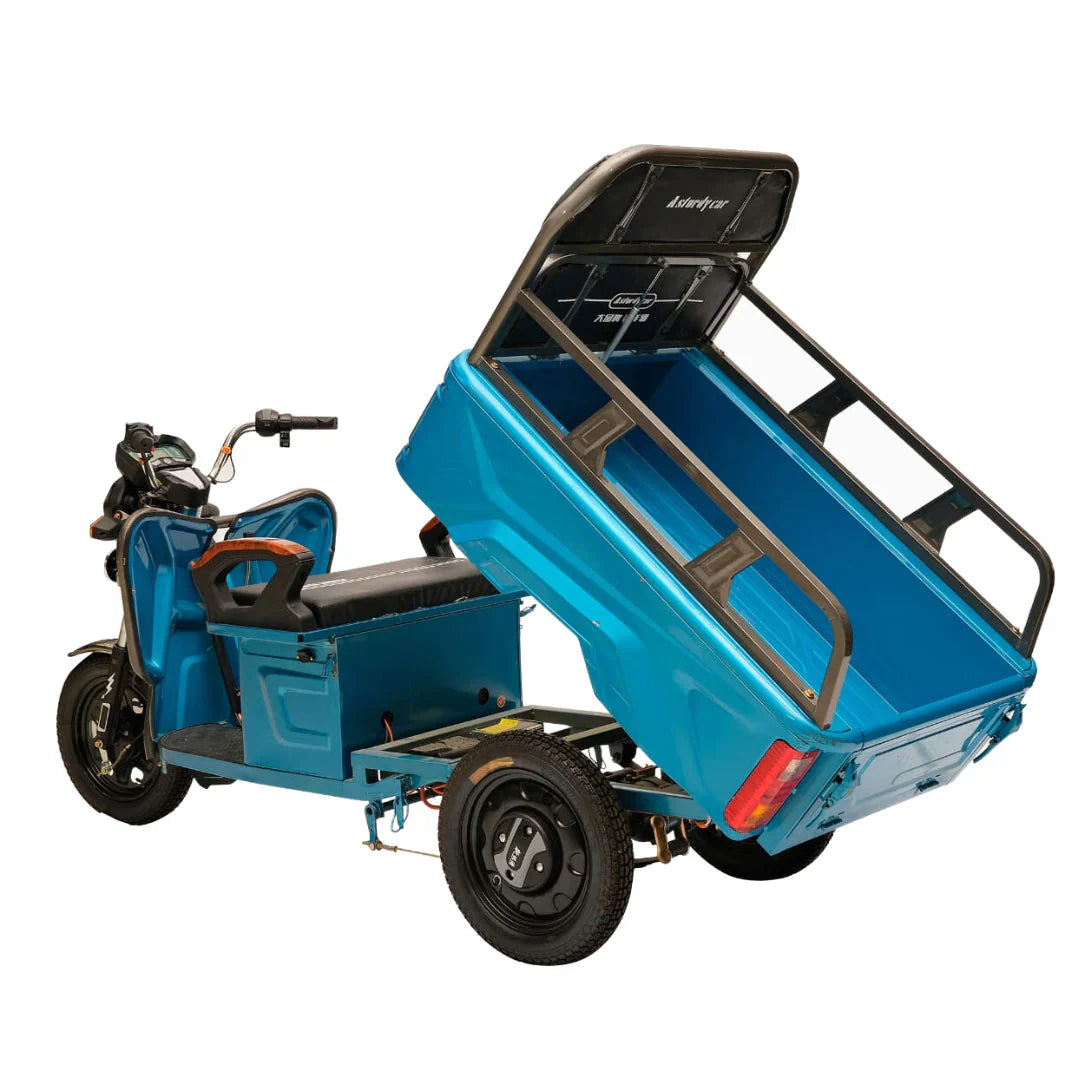 Blue cargo scooter with a detachable cargo box on a white background