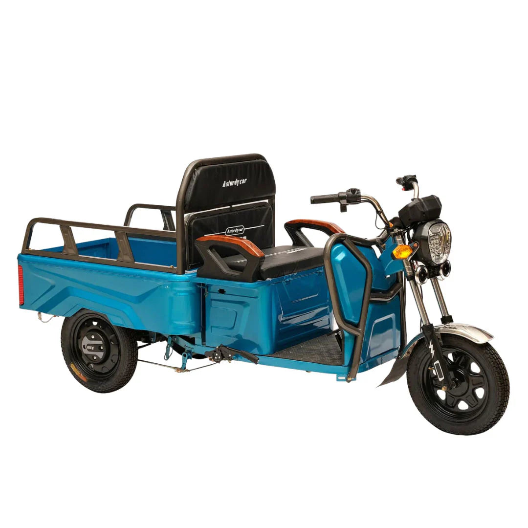 Blue cargo tricycle with a seat and storage box on a white background