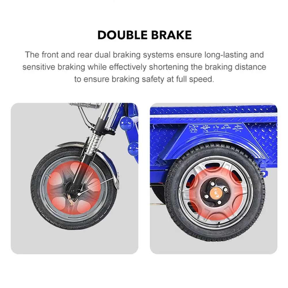 Close-up of a bicycle wheel with red brake pads and text about double braking system.