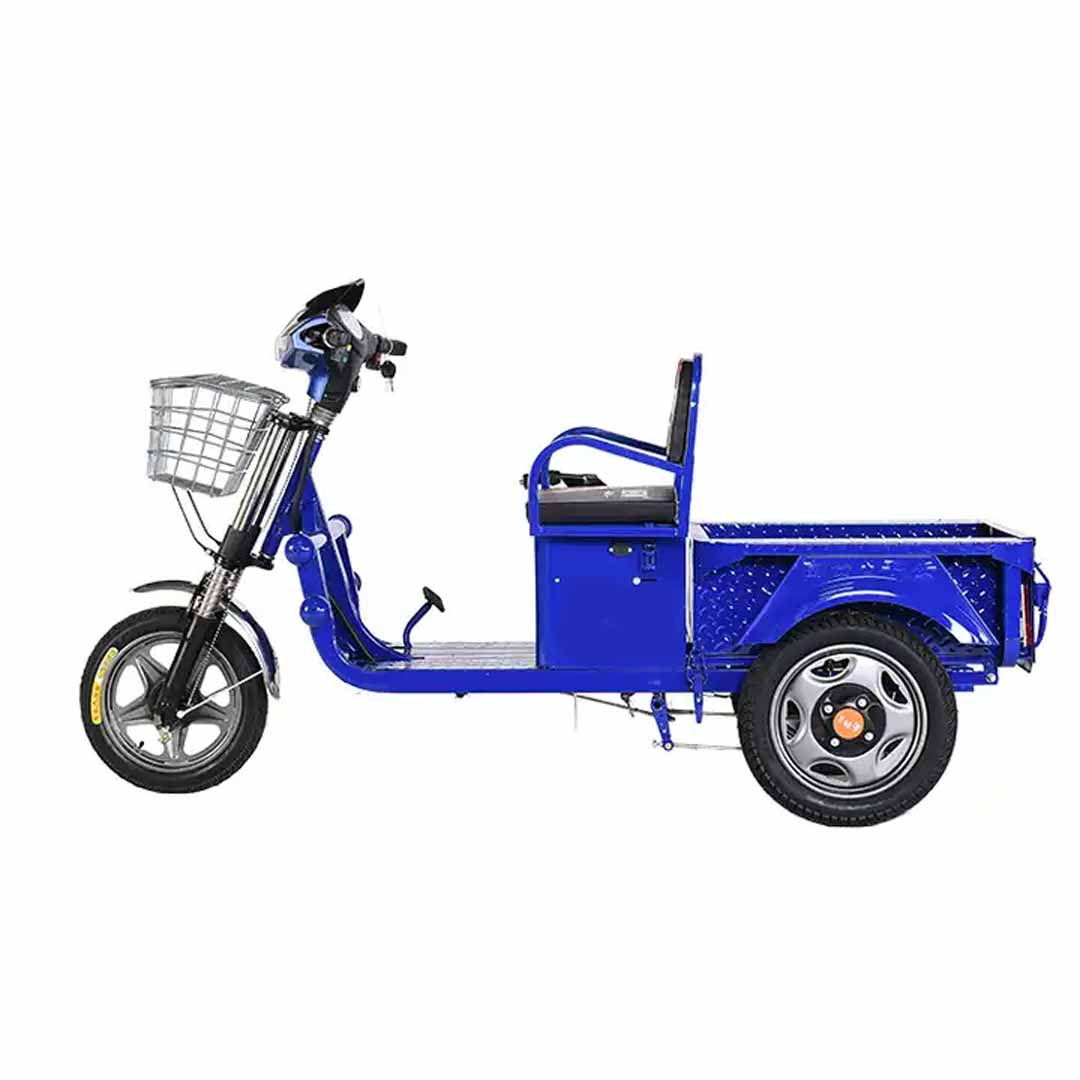 Blue three-wheeled electric cargo bike with a basket on a white background