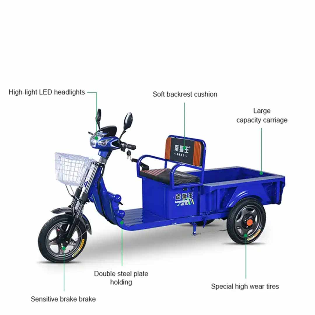 Blue electric tricycle with features highlighted on a white background
