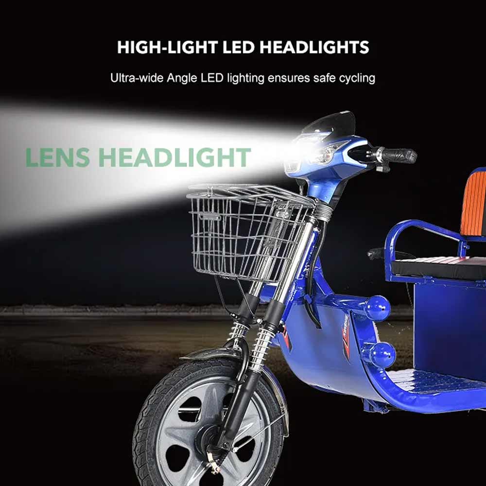 Blue electric tricycle with high-light LED headlights on a dark background