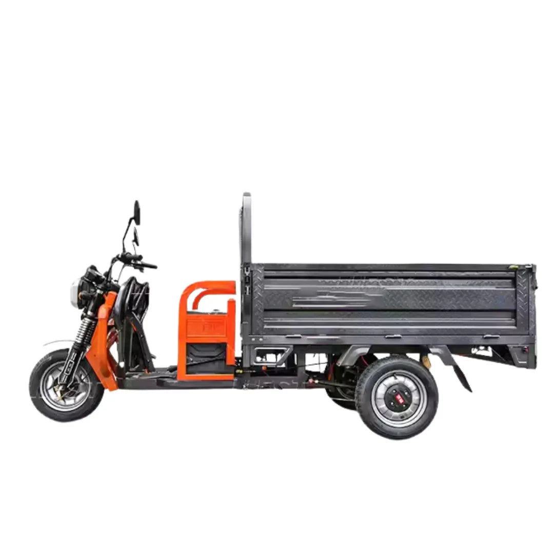 Orange and black three-wheeled cargo bike on a white background