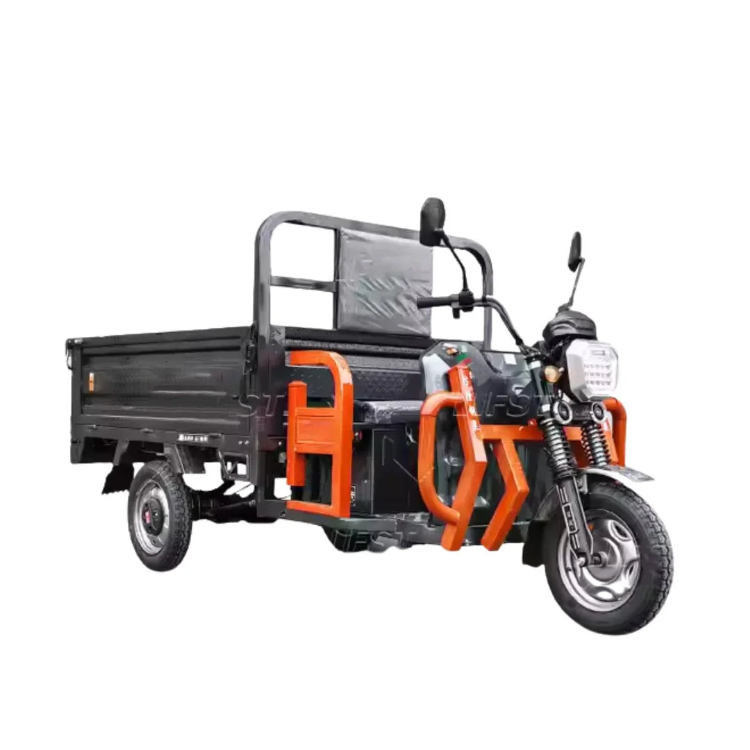 Three-wheeled motorbike with a cargo bed on a white background