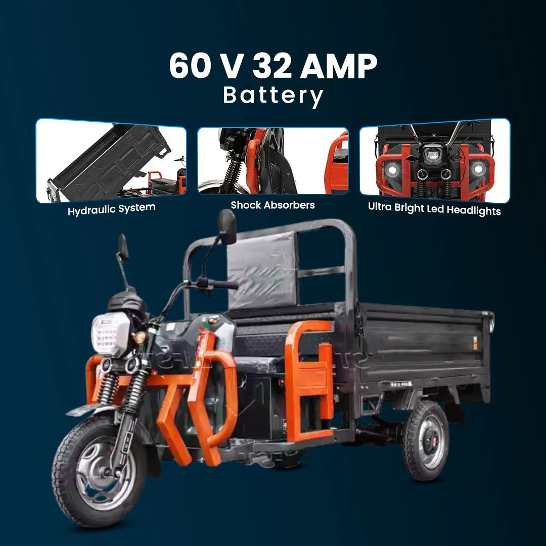 Three-wheeled vehicle with 60V 32A battery highlighted, featuring hydraulic system, shock absorbers, and ultra-bright LED headlights on a dark blue background.