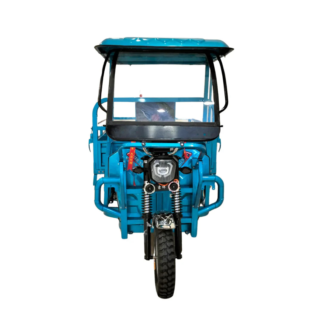 Blue tricycle with a canopy on a white background