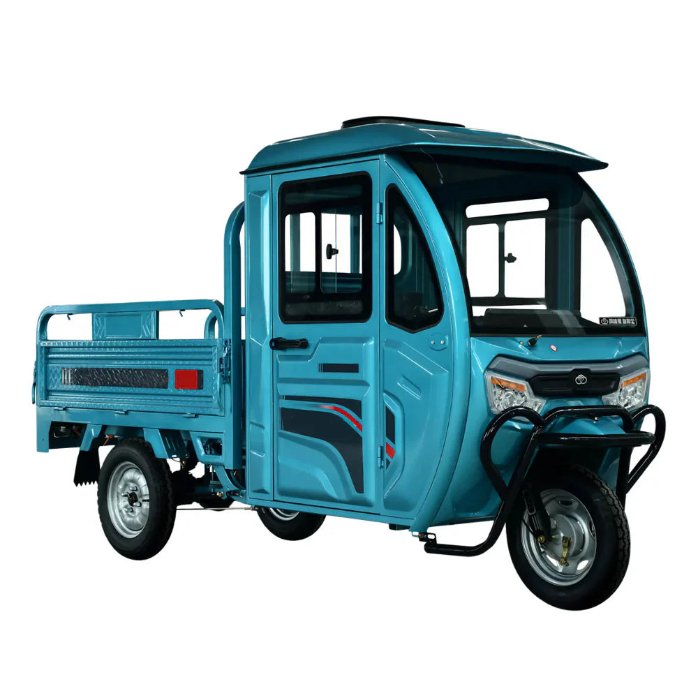 Blue three-wheeled vehicle with a cargo bed on a white background