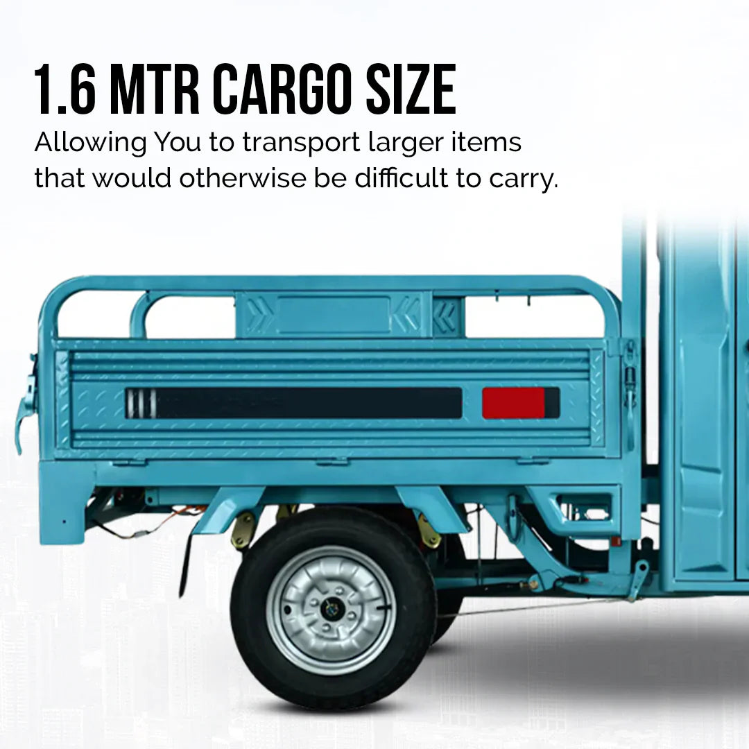 Blue cargo trailer with text indicating its cargo size and functionality.