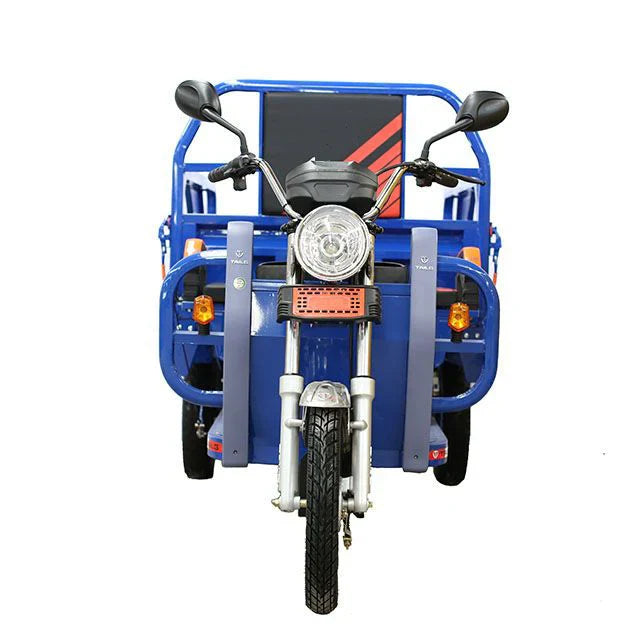 Blue tricycle with a cargo rack on a white background