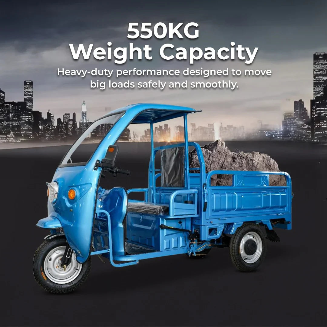Blue cargo tricycle with a cityscape background and text about weight capacity.
