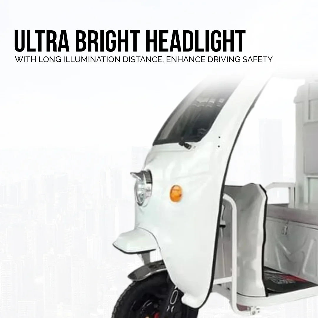White three-wheeled vehicle with an ultra bright headlight on a white background