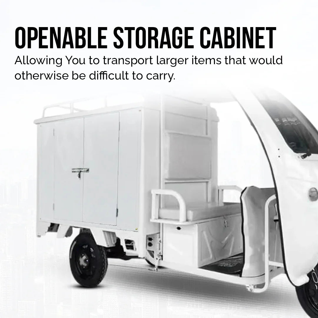 White storage cabinet attached to a vehicle with text highlighting its openable feature.