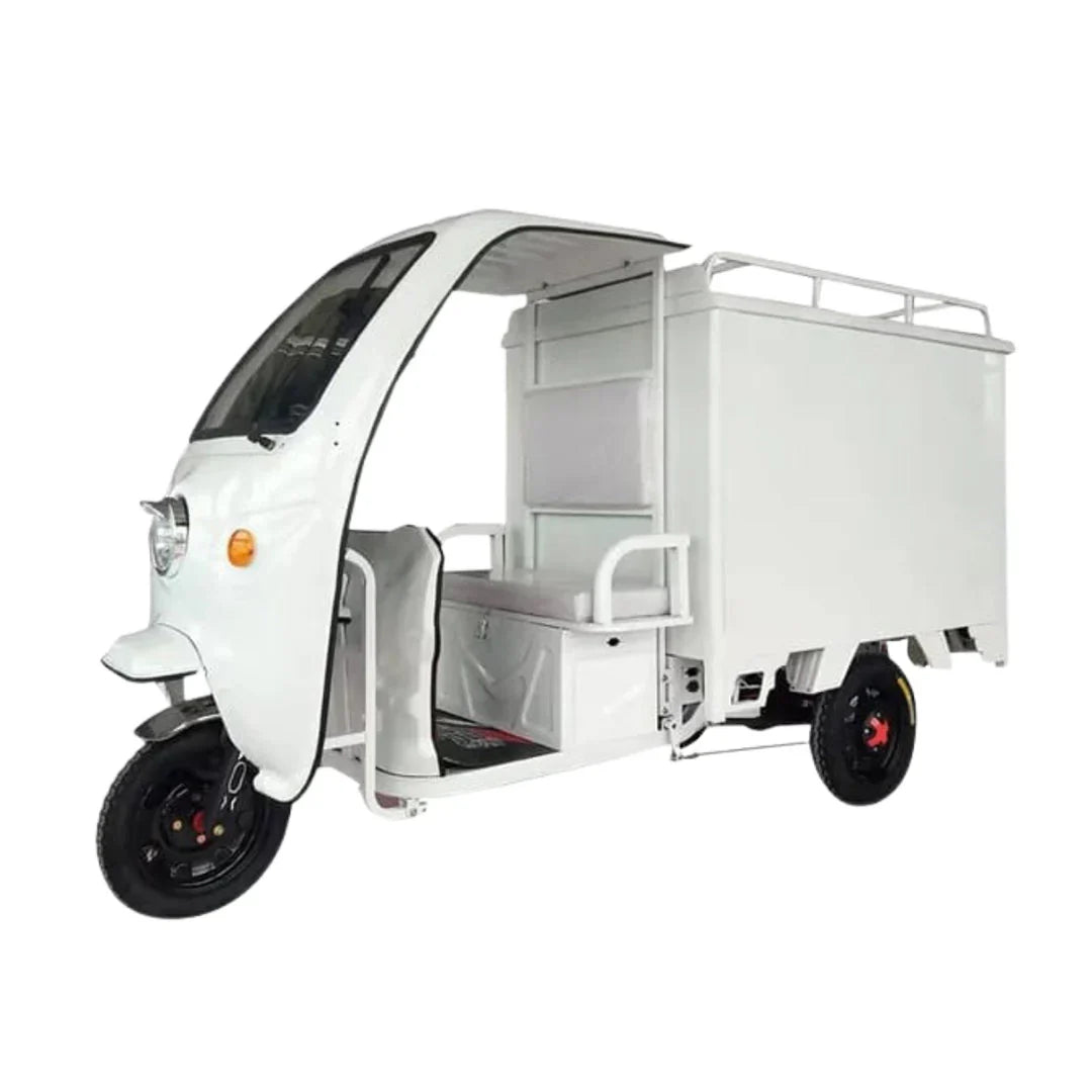 White three-wheeled motor vehicle with a cargo box on a white background