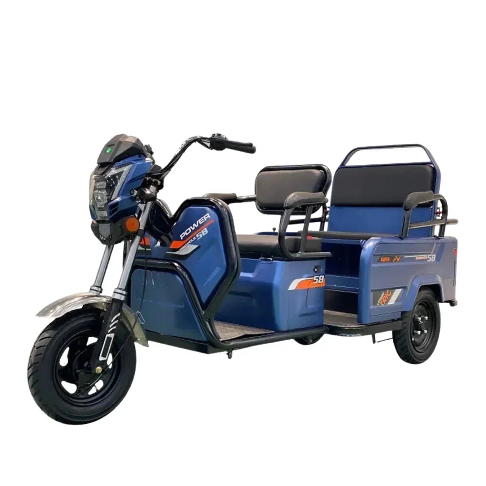 Blue electric tricycle with two seats on a white background