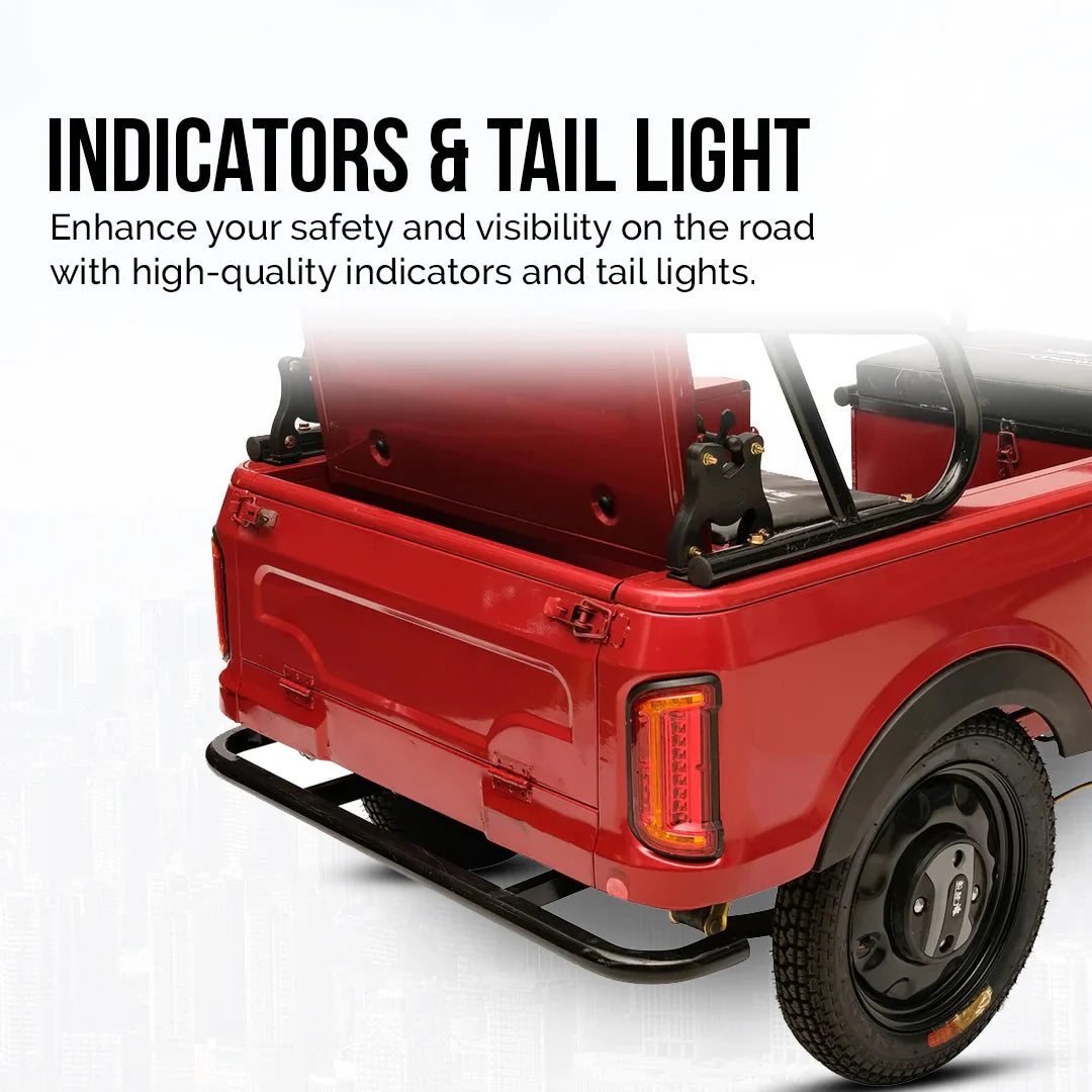 Red truck with indicators and tail light on a white background