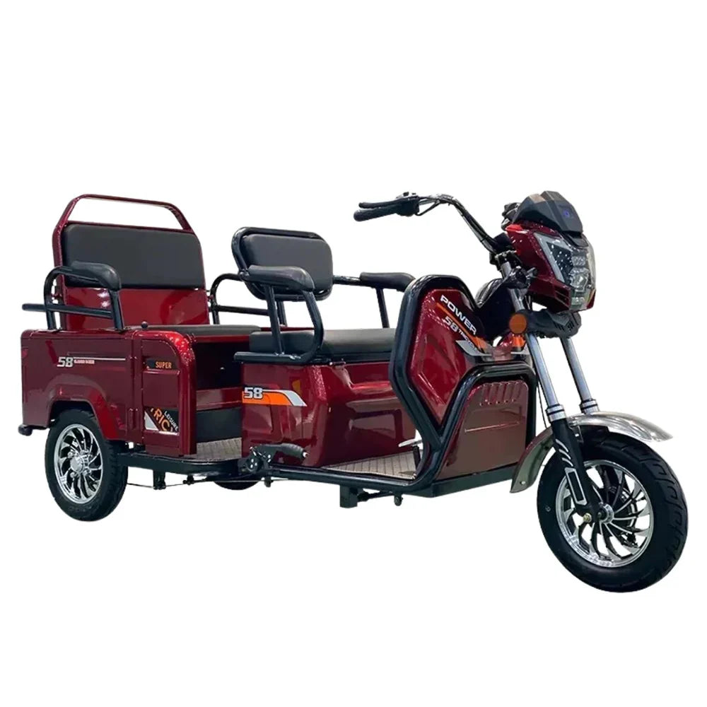 Red electric tricycle with two seats on a white background