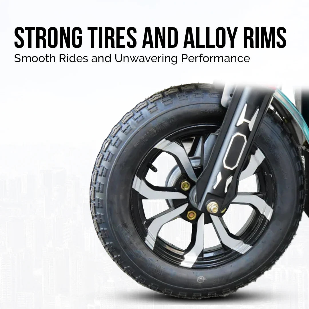 Motorcycle tire with alloy rim on a white background, featuring text about tire and rim strength.